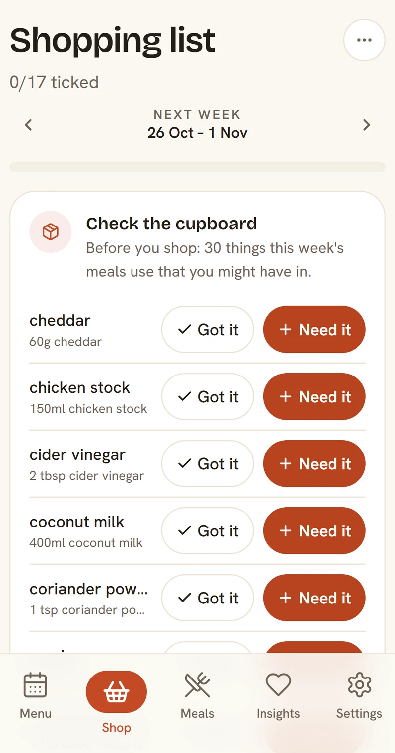SupperNest — One list, sorted by aisle