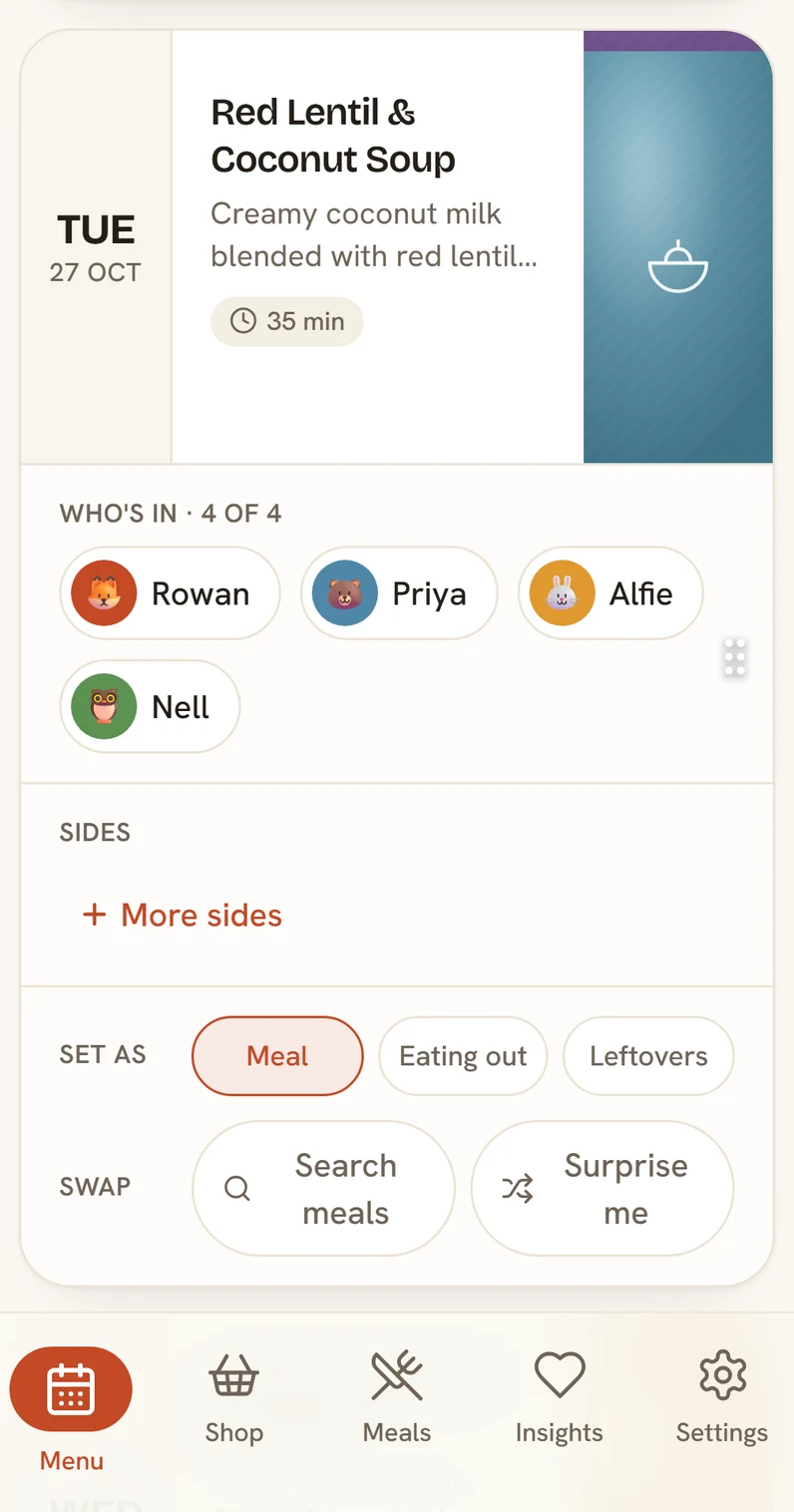 SupperNest — Seven dinners in one tap