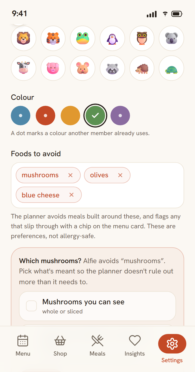 SupperNest — a household member's foods to avoid